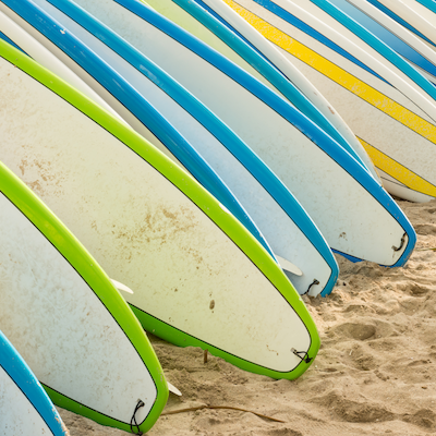 The image shows a row of colorful surfboards standing upright in the sand on a beach. The surfboards have vibrant green, blue, and yellow hues.