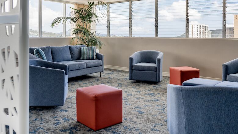 A modern lounge with blue seating, red ottomans, a grey carpet, large windows, and a potted plant, creating a bright and inviting space.