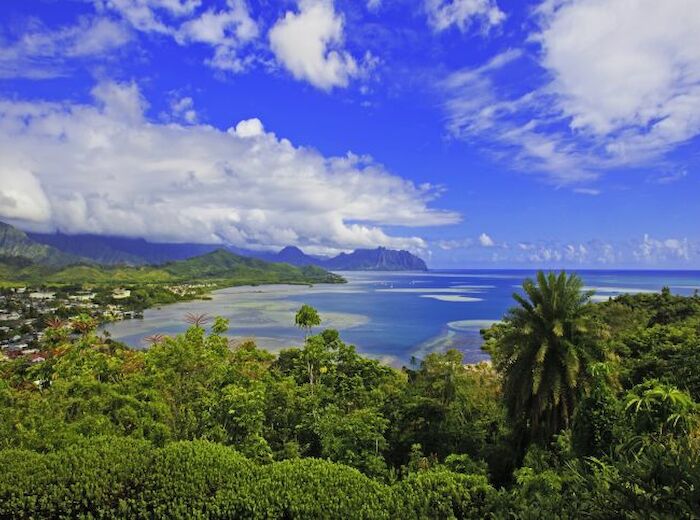 A coastal landscape with lush greenery, a blue sky, mountains, and a tranquil bay against a backdrop of distant islands in the ocean.